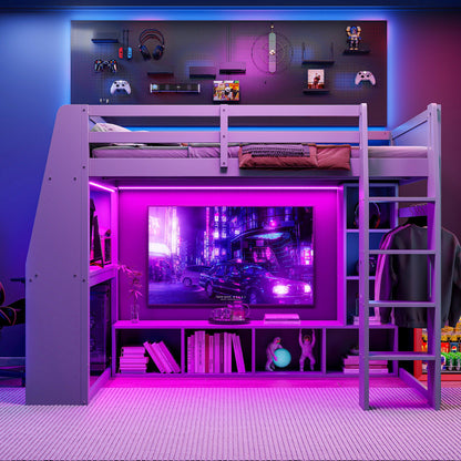 Gaming loft bed with desk, LED lighting, and hanging clothes rack by HouseOfZazla on Tampa Home & Garden Store
