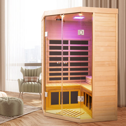 Deluxe Hemlock Infrared Corner Sauna with Glass Front for Two, pink glow, HouseOfZazla on Tampa Home & Garden Store