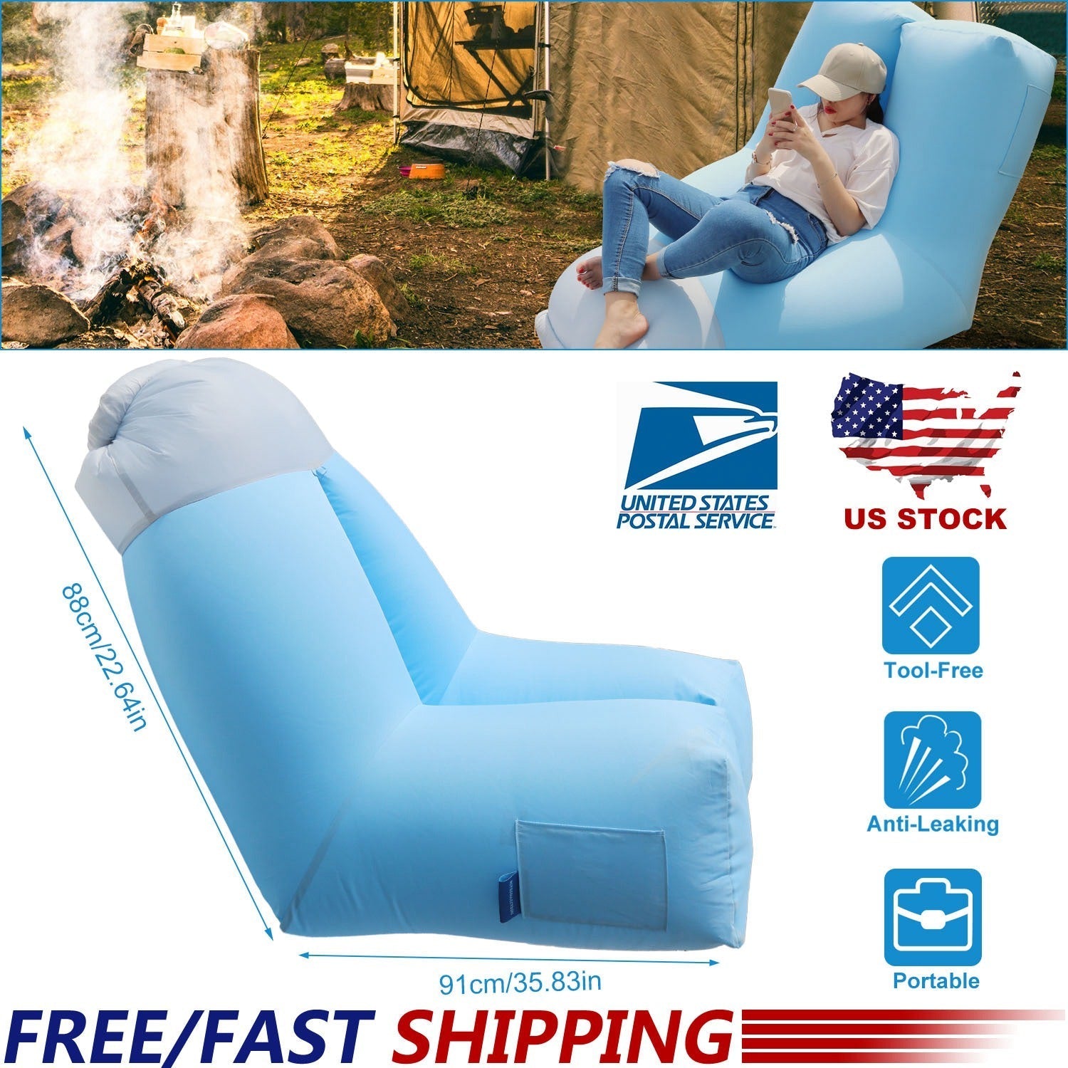 GemGear inflatable lounger air sofa chair in light blue with portable organizing bag for camping on Tampa Home & Garden Store