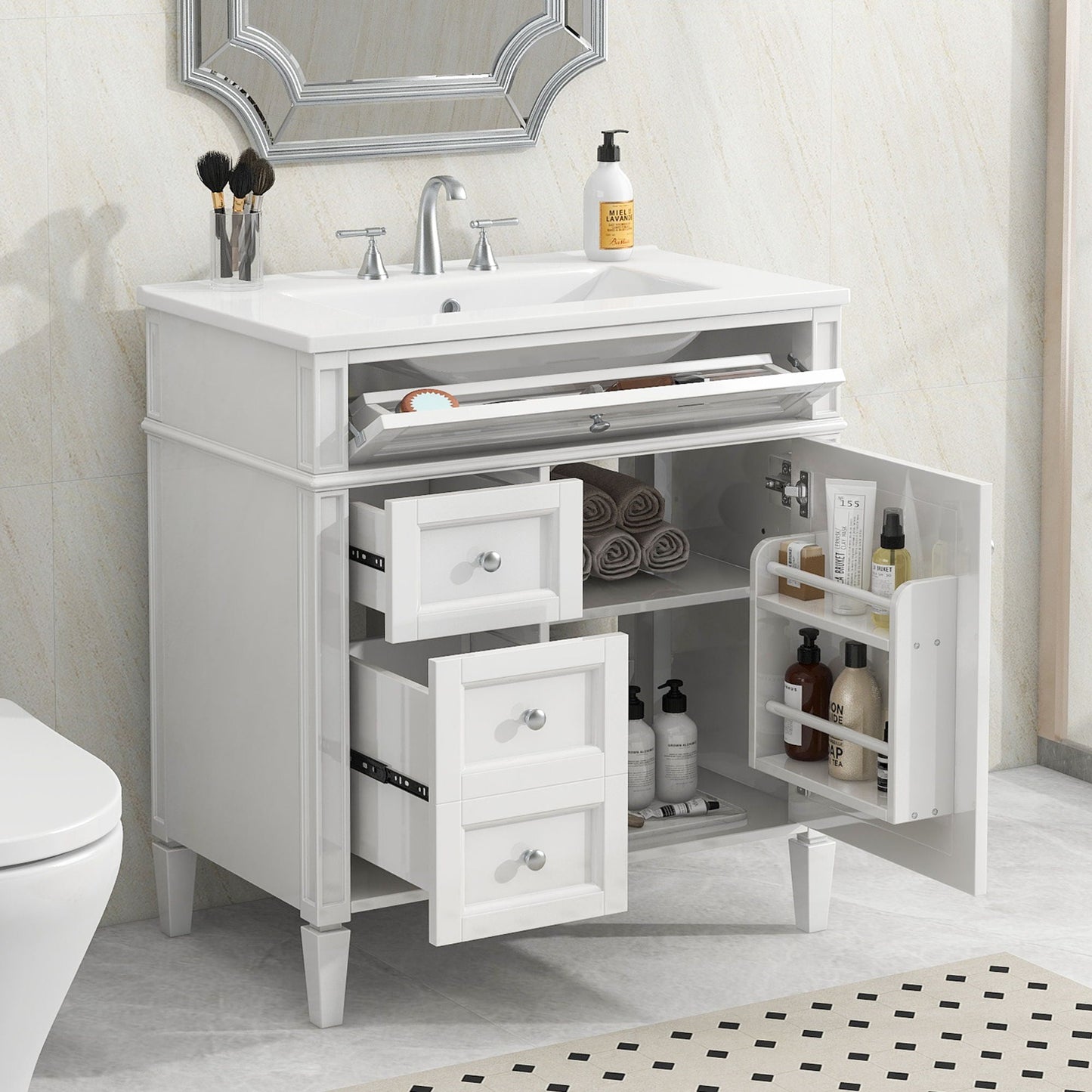 Bathroom vanity with top sink, modern white storage cabinet with 2 drawers and a tip-out drawer on Tampa Home & Garden Store