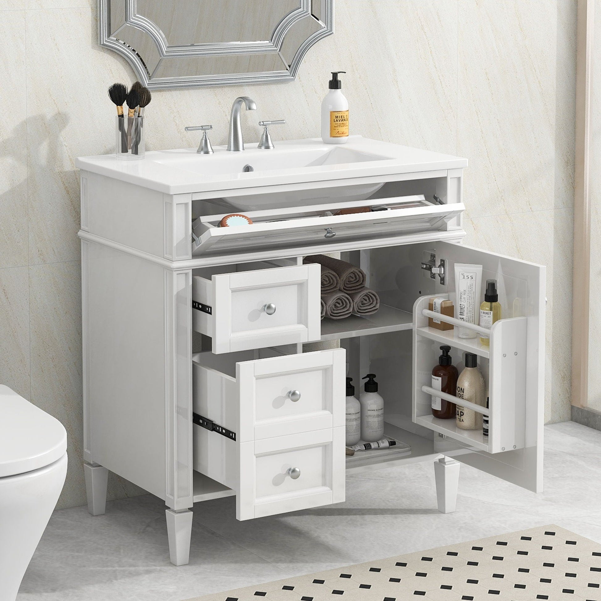 Bathroom vanity with top sink, modern white storage cabinet with 2 drawers and a tip-out drawer on Tampa Home & Garden Store