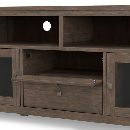 Wide handcrafted solid wood media stand with dark finish, cable hole, and open compartments on Tampa Home & Garden Store