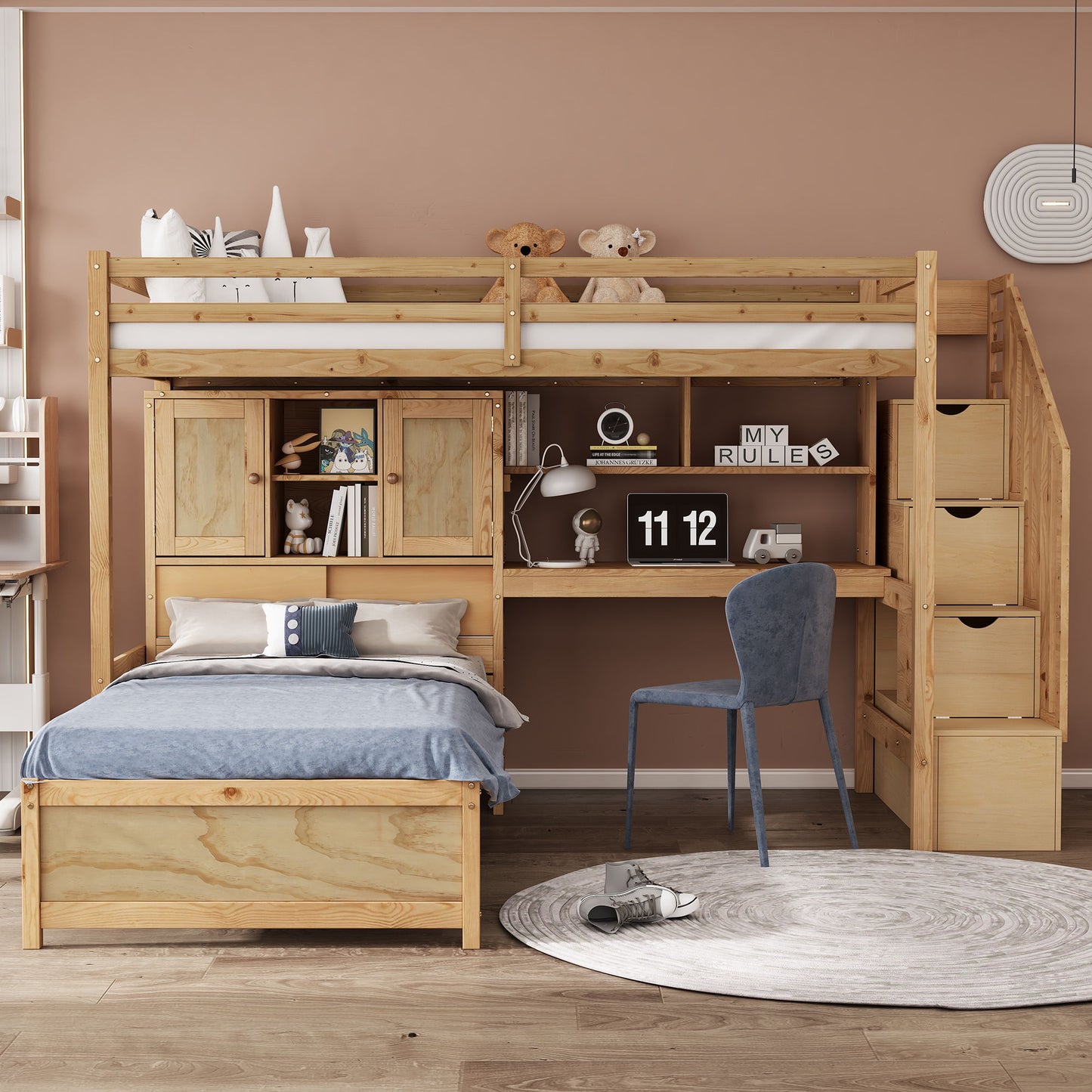 Loft bed with built-in desk and staircase in natural wood, compact storage and study on Tampa Home & Garden Store