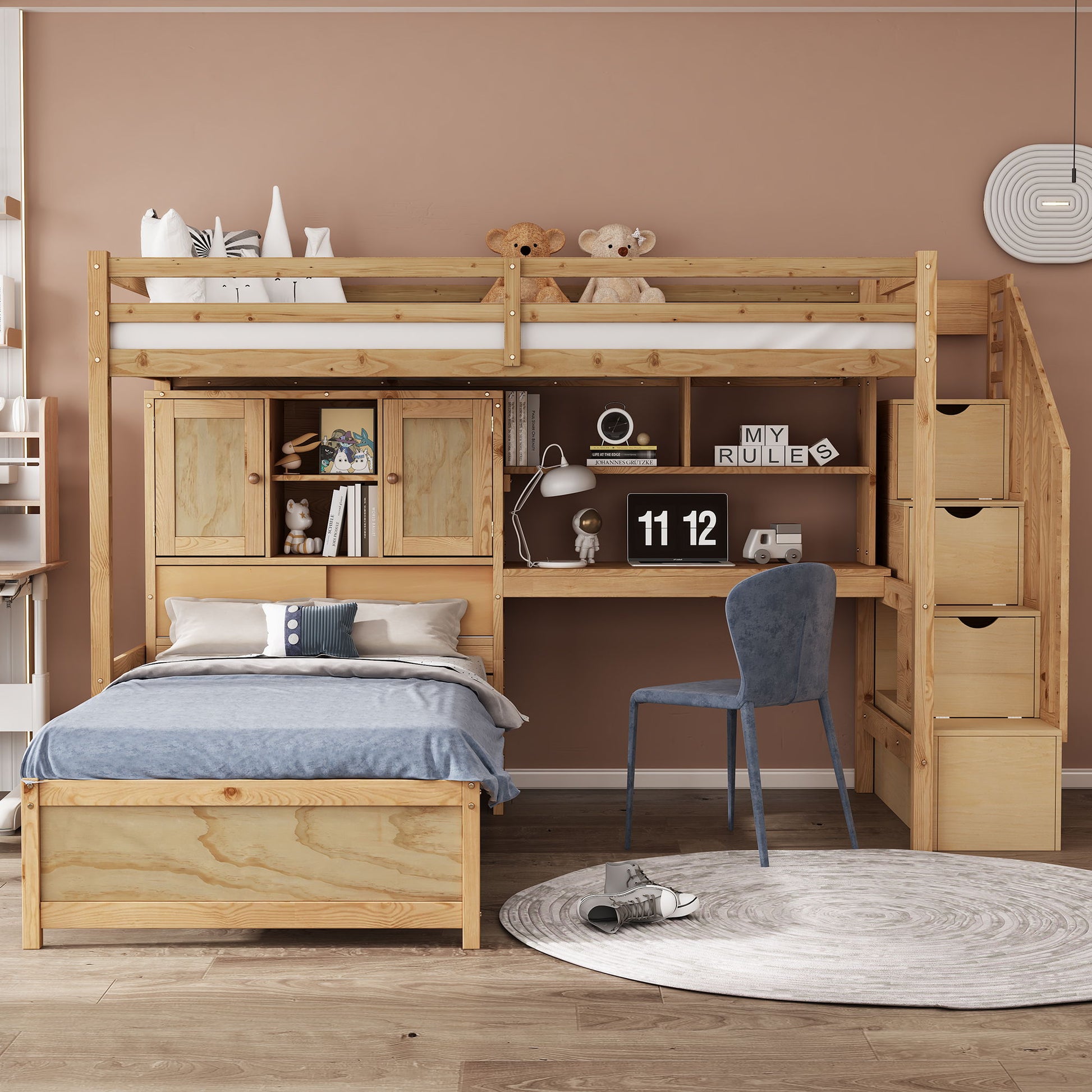 Loft bed with built-in desk and staircase in natural wood, compact storage and study on Tampa Home & Garden Store