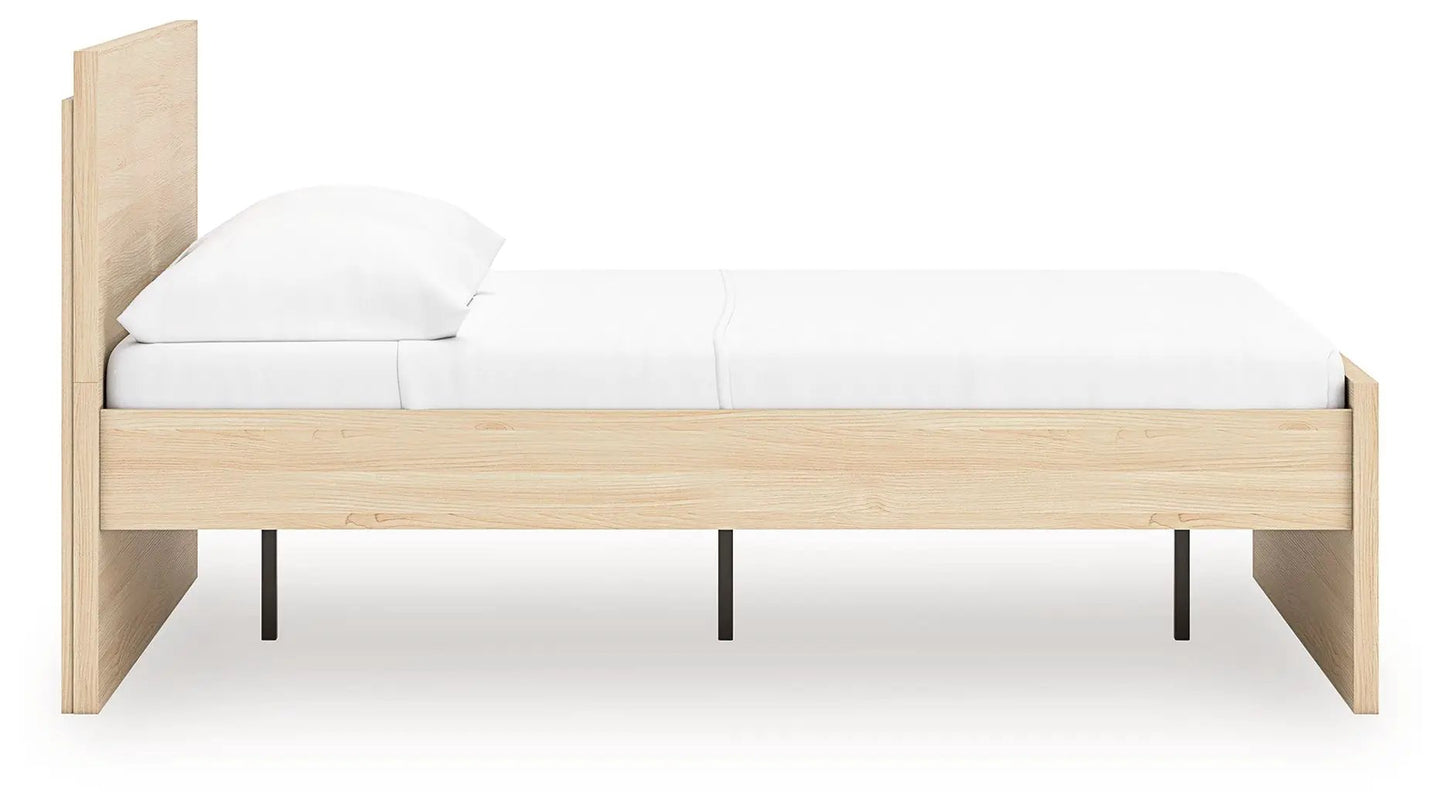 Onita panel platform bed in natural oak with storage rails and white bedding on Tampa Home & Garden Store