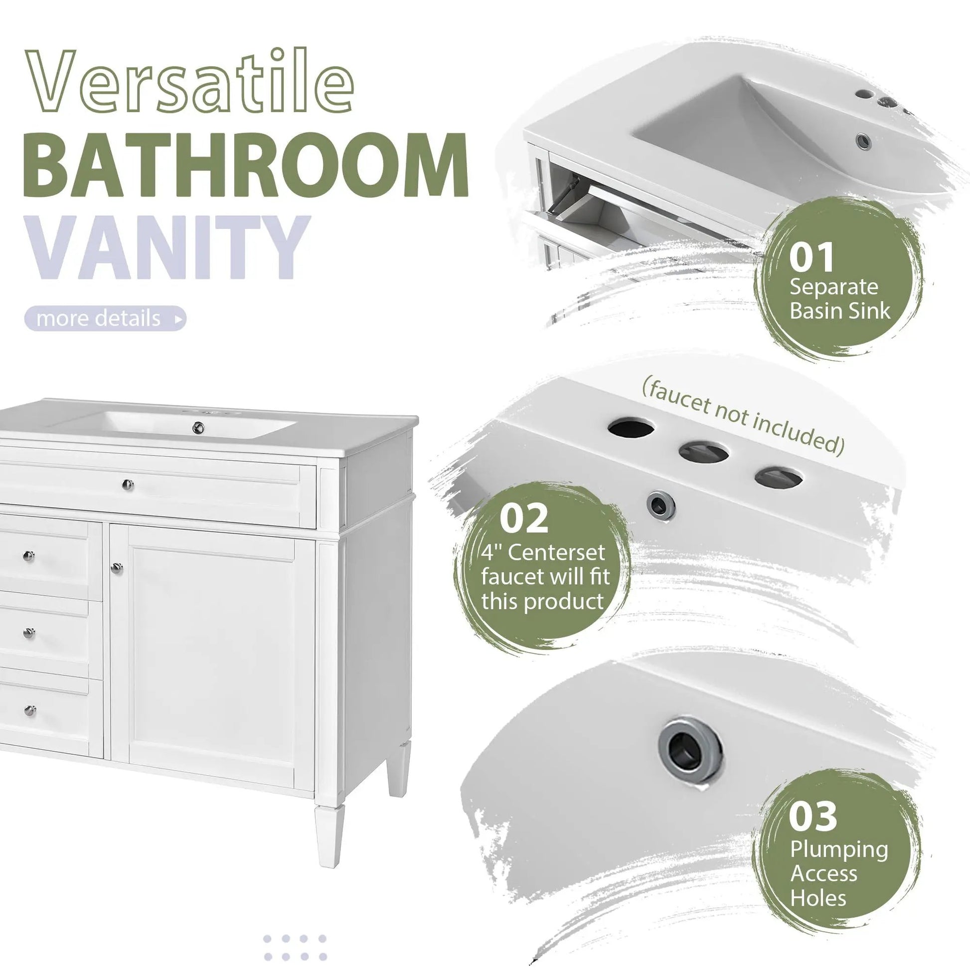 Bathroom vanity with mirror, white finish, single sink, 2 soft-closing doors and 4 drawers on Tampa Home & Garden Store