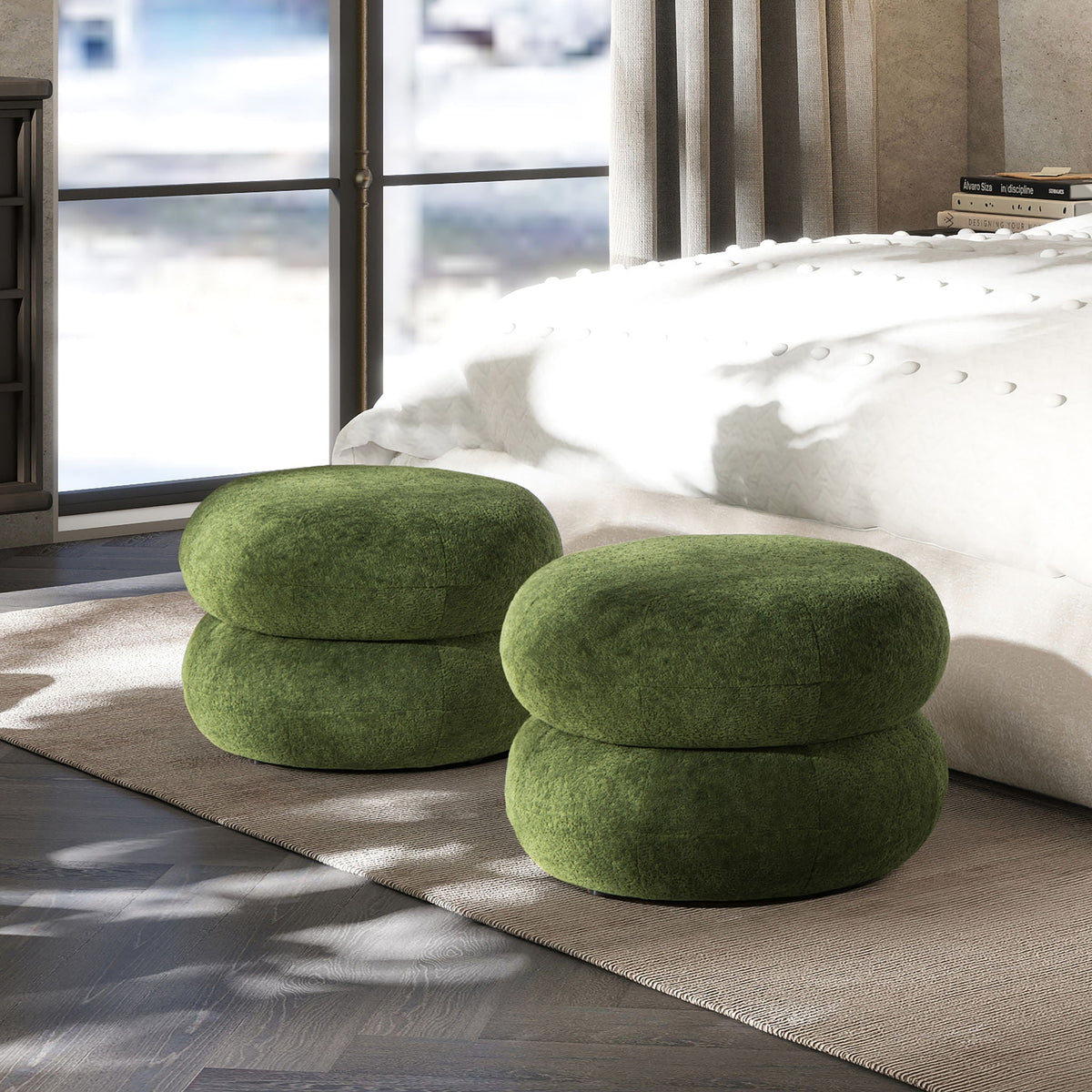 Dark green low round upholstered ottoman with stacked pouf design, set of 3 on Tampa Home & Garden Store