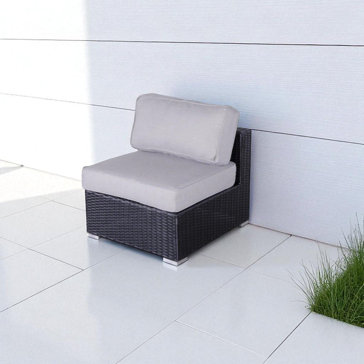 Armless patio chair set of 2 in dark brown wicker with light gray all-weather cushions on Tampa Home & Garden Store