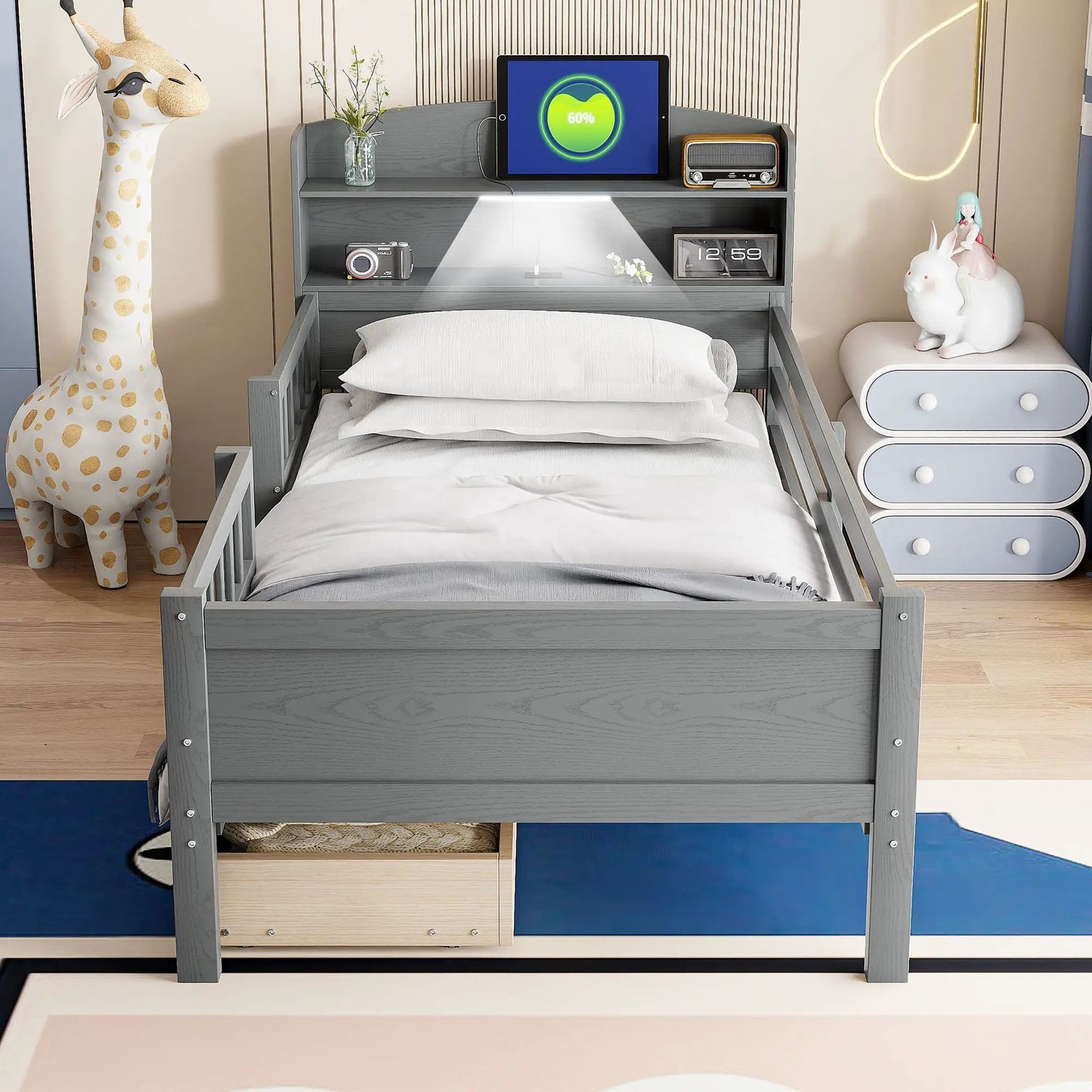 Platform Bed with LED Light and 2 Drawers