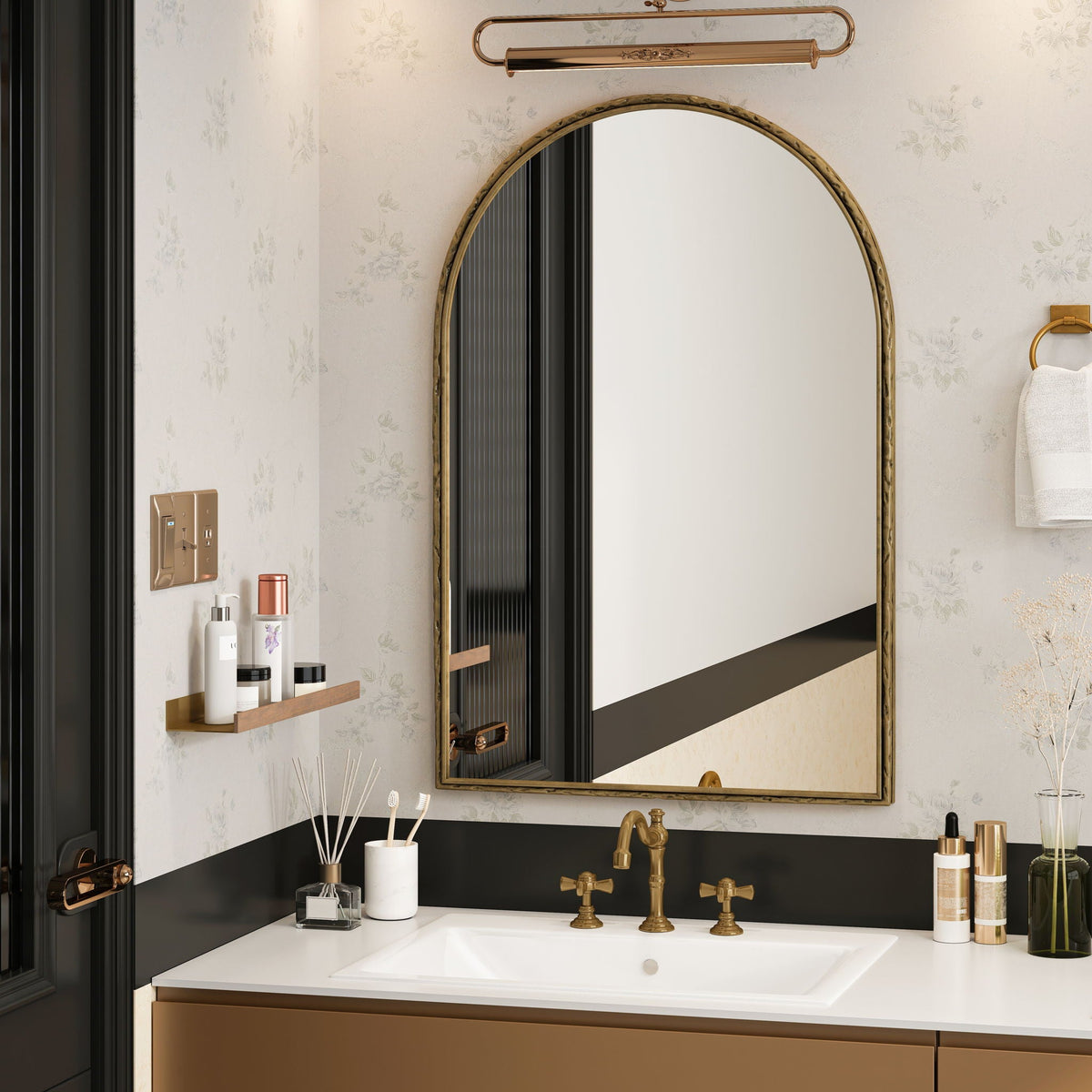 Arched wall mirror with gold frame and shatterproof glass for bathroom decor on Tampa Home & Garden Store