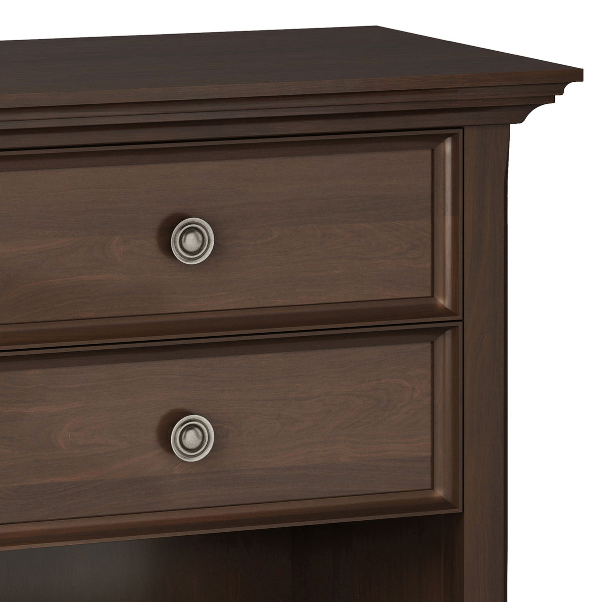 Handcrafted bedside table with storage in dark brown wood, paneled drawers and metal knobs on Tampa Home & Garden Store
