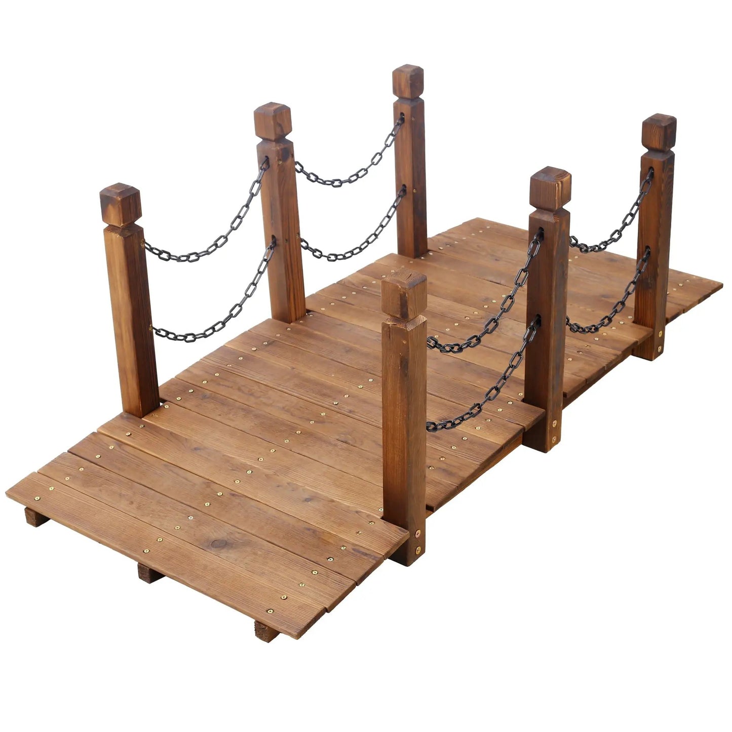 Wooden Arc Footbridge With Chain Railings Brown