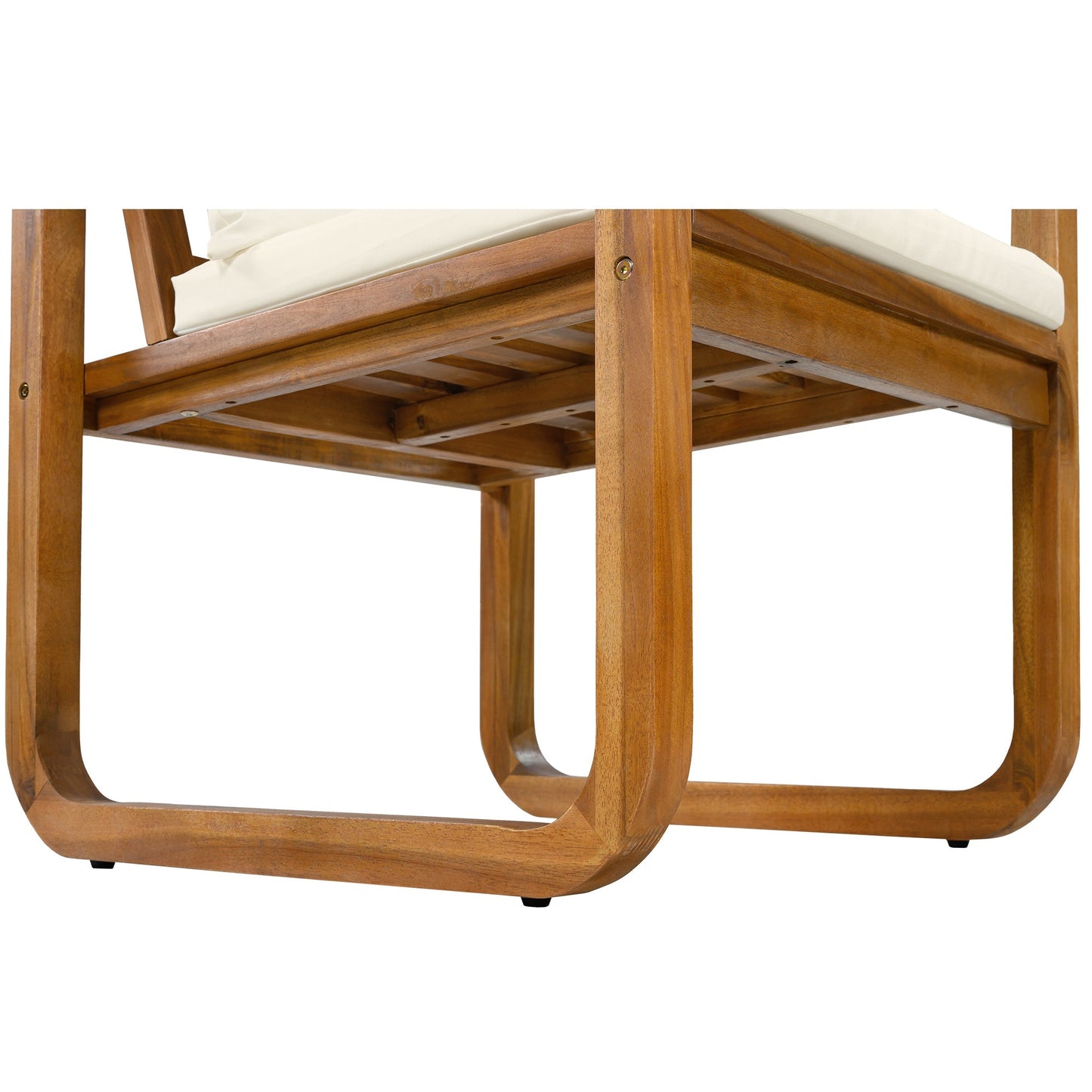 7-piece patio dining set wooden frame with cream cushions and curved base legs on Tampa Home & Garden Store