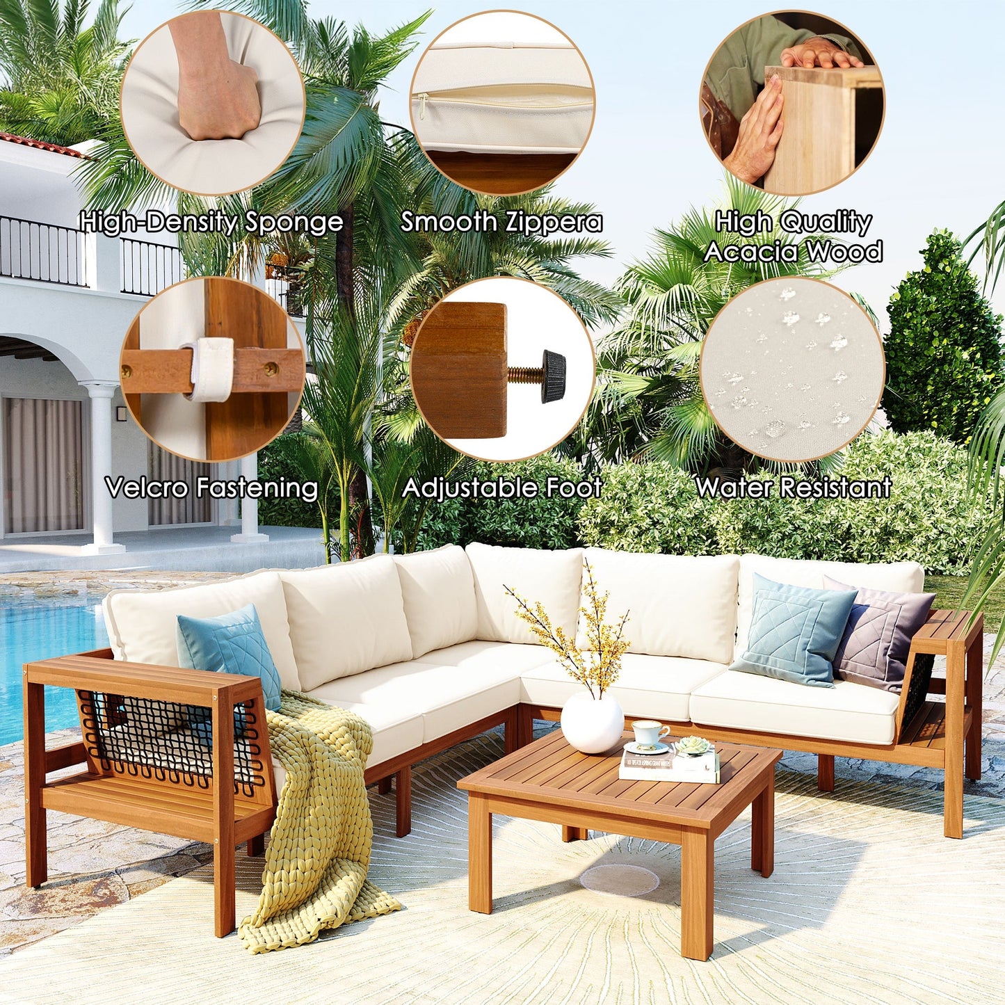 GO 4 Pieces Outdoor Acacia Wood Sofa Set with Coffee Table beige cushions by HouseOfZazla on Tampa Home & Garden Store