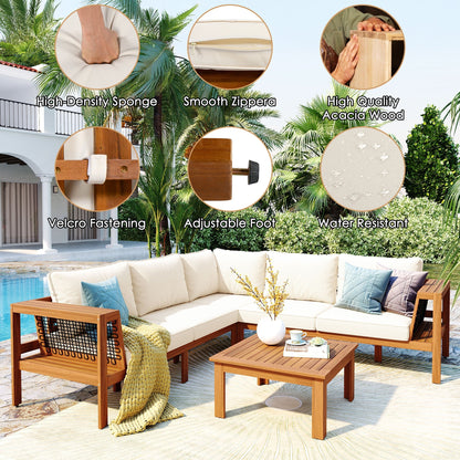 GO 4 Pieces Outdoor Acacia Wood Sofa Set with Coffee Table beige cushions by HouseOfZazla on Tampa Home & Garden Store