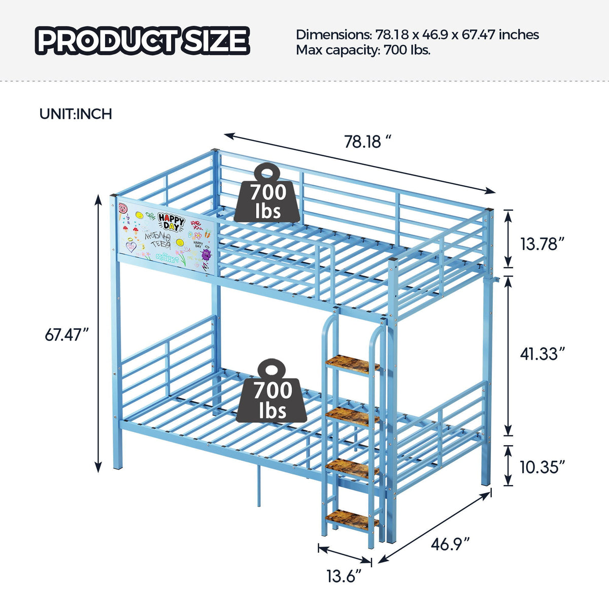 Blue metal bunk bed frame convertible to 2 twin beds with full-length guardrails and ladder HouseOfZazla on Tampa Home & Garden Store