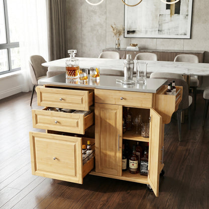Bamboo Rolling Kitchen Island with Steel Top