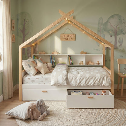 House bed with bookshelf storage by HouseOfZazla with drawers and string lights in kid's room on Tampa Home & Garden Store