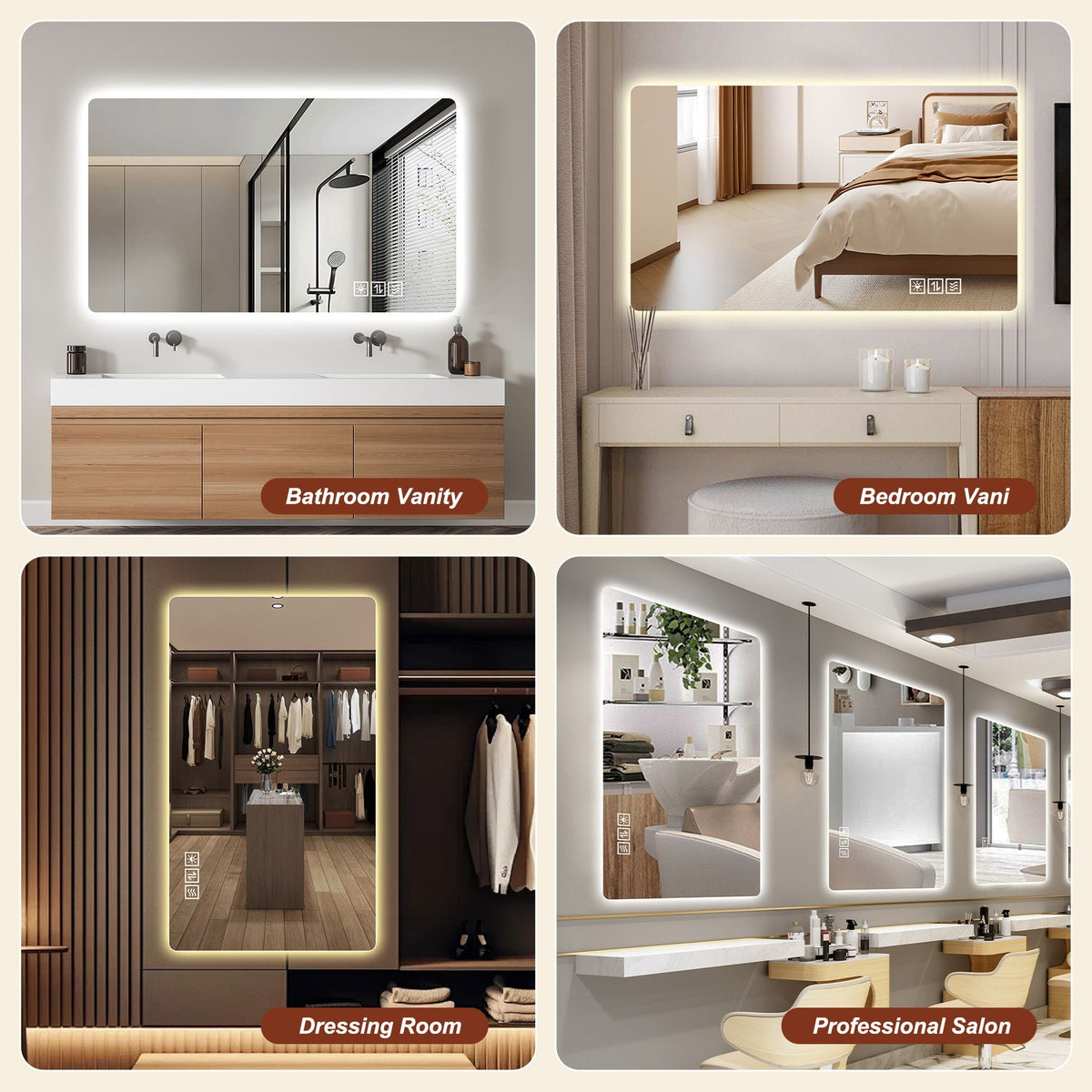 Wall mounted LED lighting mirror with 3-color dimmable light in silver, ideal for bathroom on Tampa Home & Garden Store