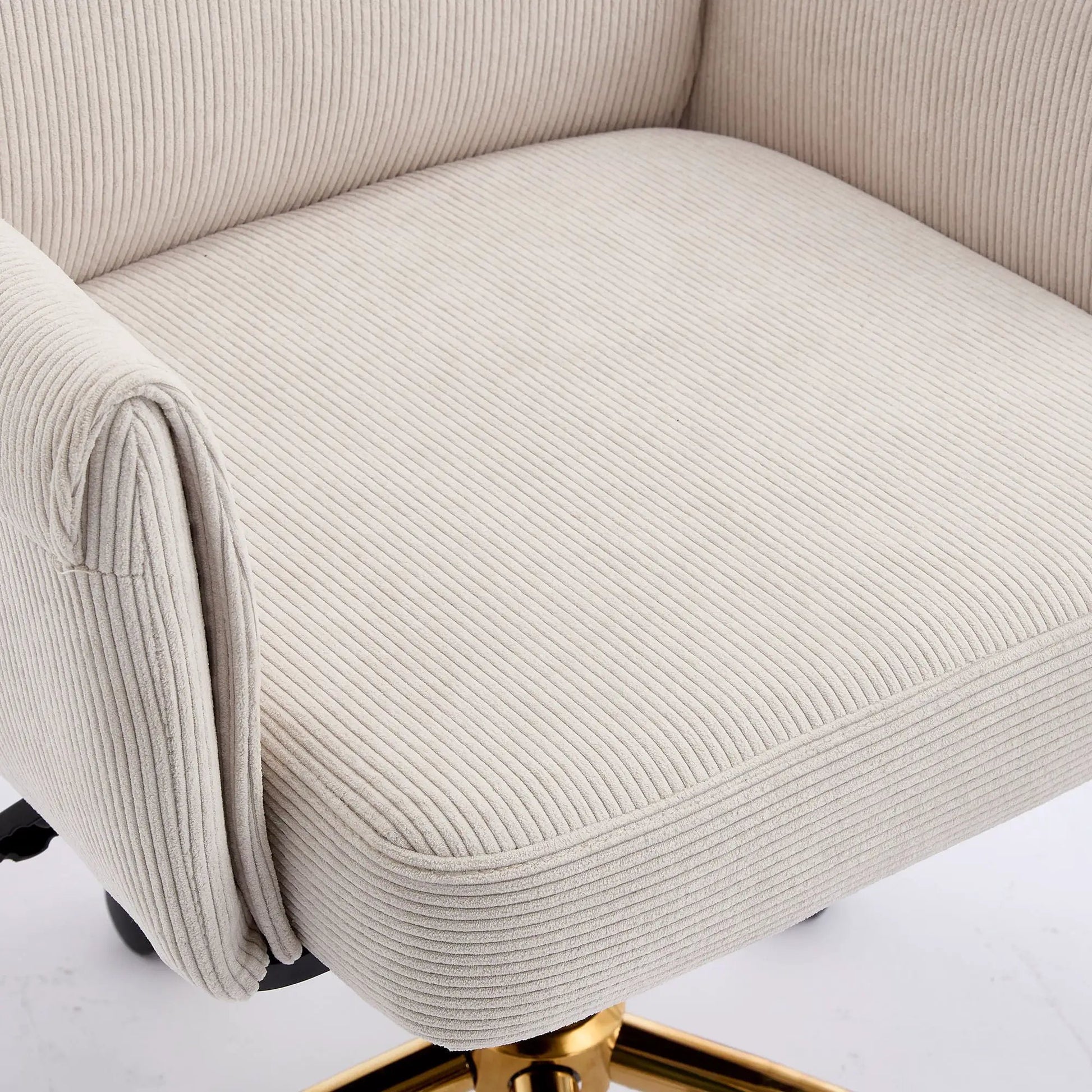 Ergonomic mid-back office chair beige corduroy upholstery with a gold base, swivel chair on Tampa Home & Garden Store