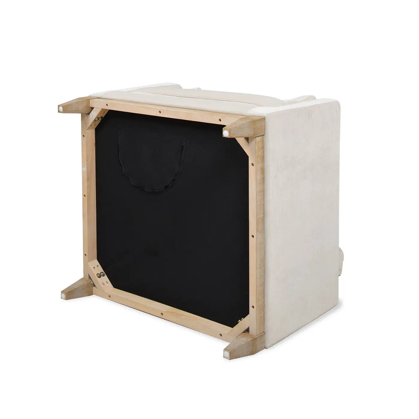 Knox Modern Farmhouse Arm Chair beige upholstery with natural wood frame underside on Tampa Home & Garden Store