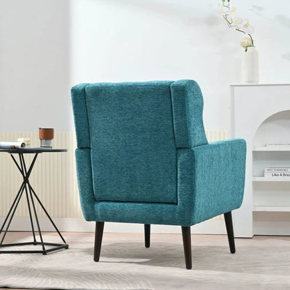 Teal fabric upholstered accent chair with dark wood legs from Unique Piece in living room on Tampa Home & Garden Store