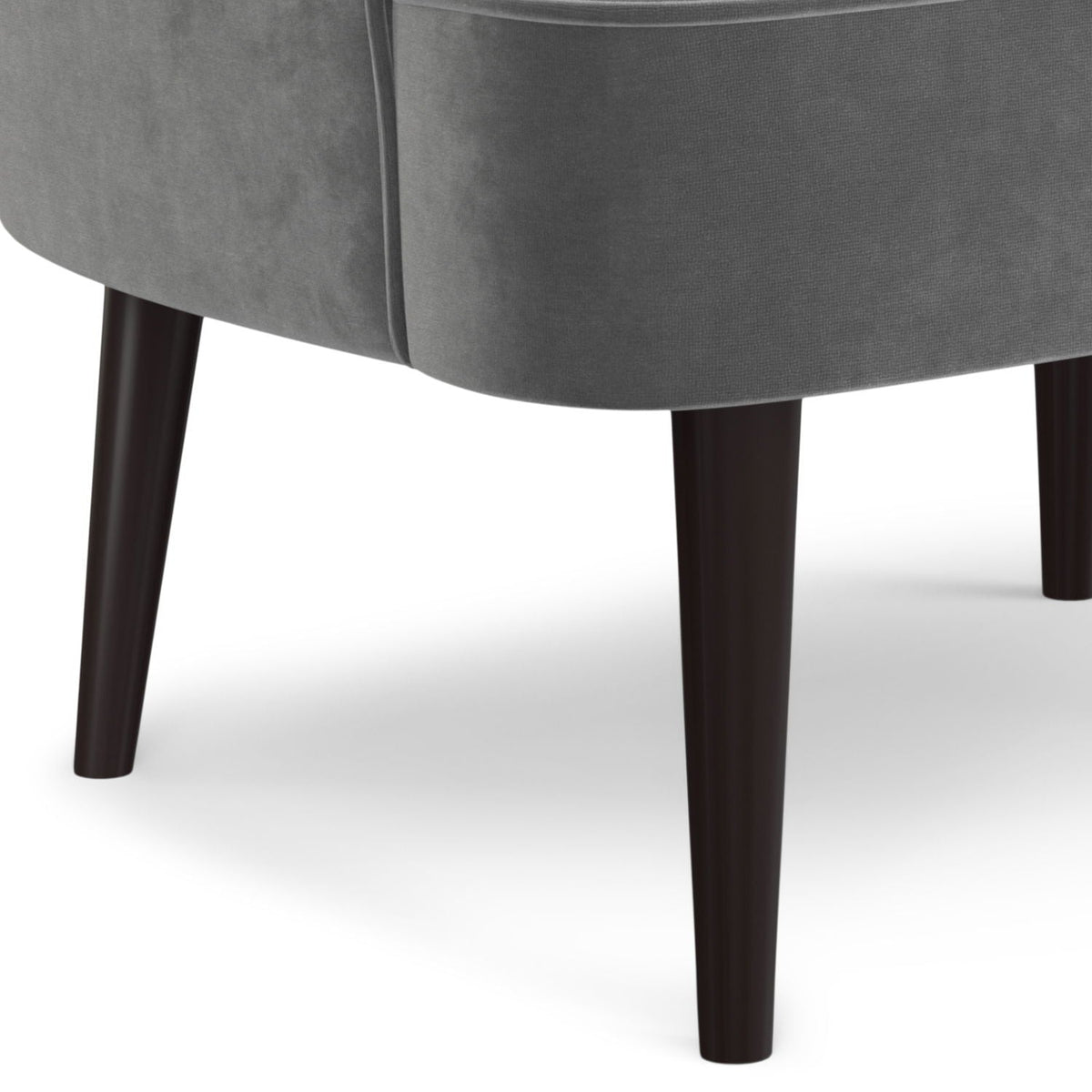 Upholstered accent chair with curved back in gray fabric and dark wooden legs on Tampa Home & Garden Store