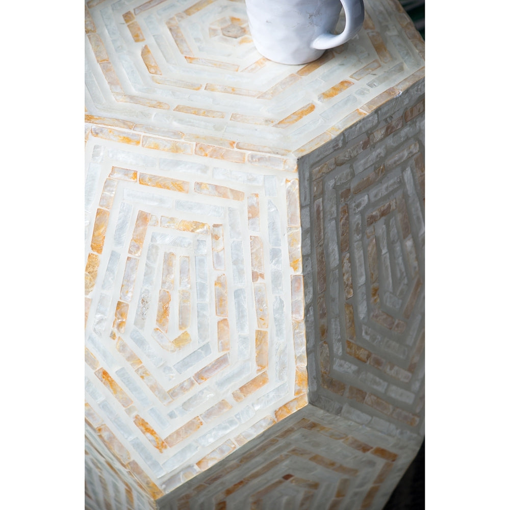 End table with cream yellow capiz mosaic hexagonal pattern 18x18x21 HouseOfZazla on Tampa Home & Garden Store