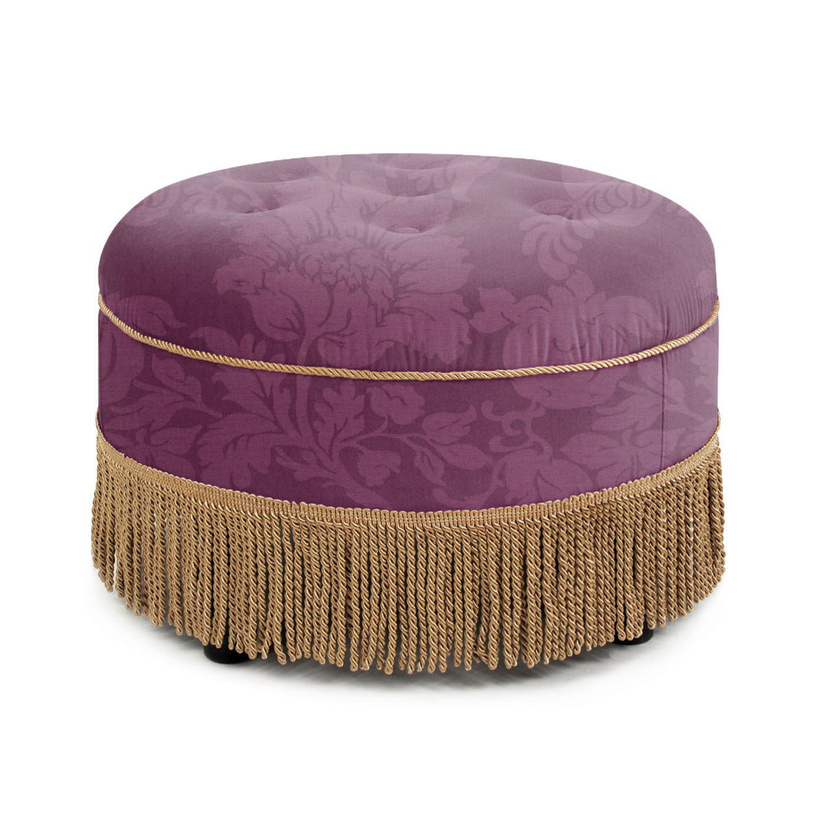 Luxurious round upholstered ottoman with purple velvet fabric and gold fringe trim on Tampa Home & Garden Store