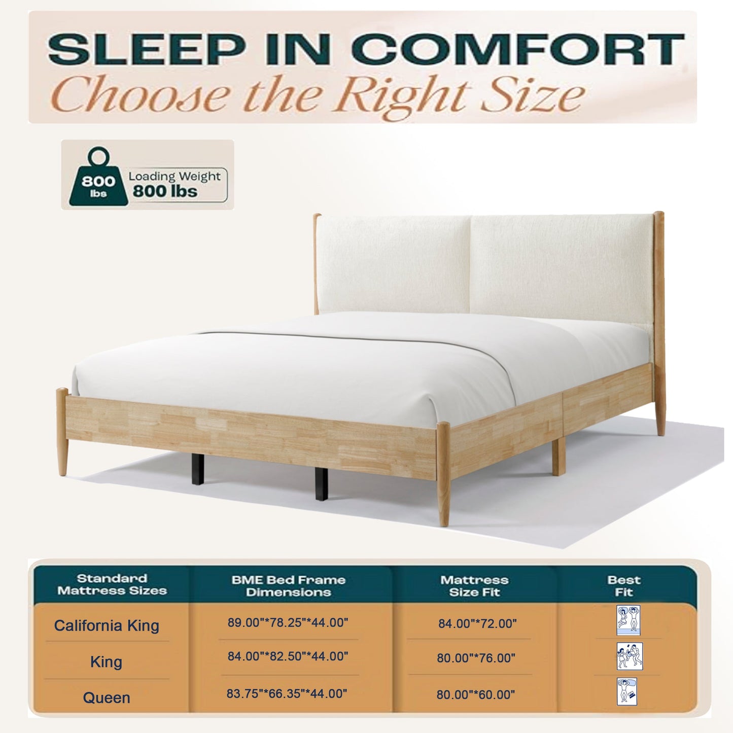 King Natural Wood Bed and Upholstered Headboard