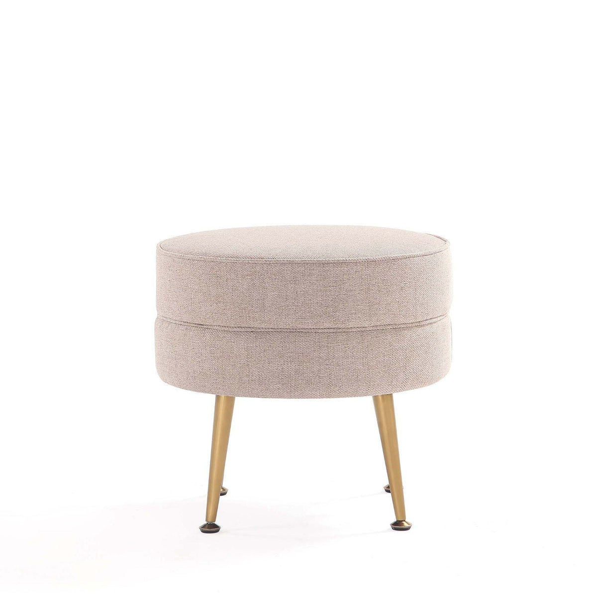 Bailey Upholstered Accent Ottoman by HouseOfZazla, round beige fabric with gold legs on Tampa Home & Garden Store