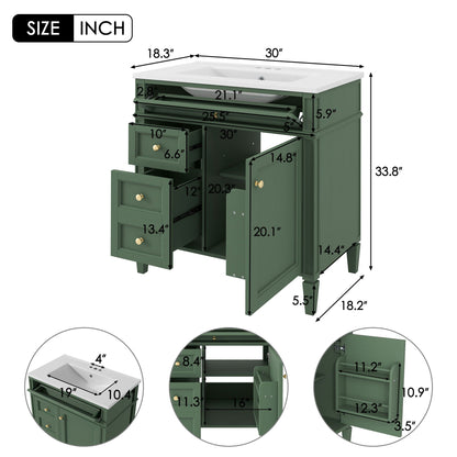 Green bathroom vanity with white top sink, storage cabinet with 2 drawers and tip-out drawer on Tampa Home & Garden Store