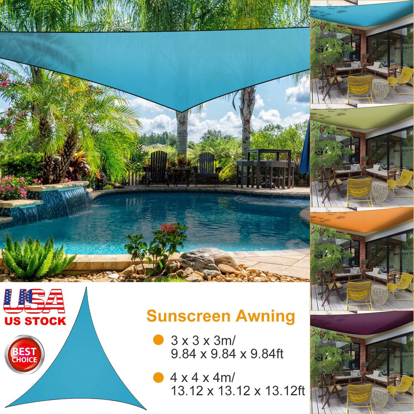 GemGear blue triangle shade sail patio cover over pool area with palm trees on Tampa Home & Garden Store