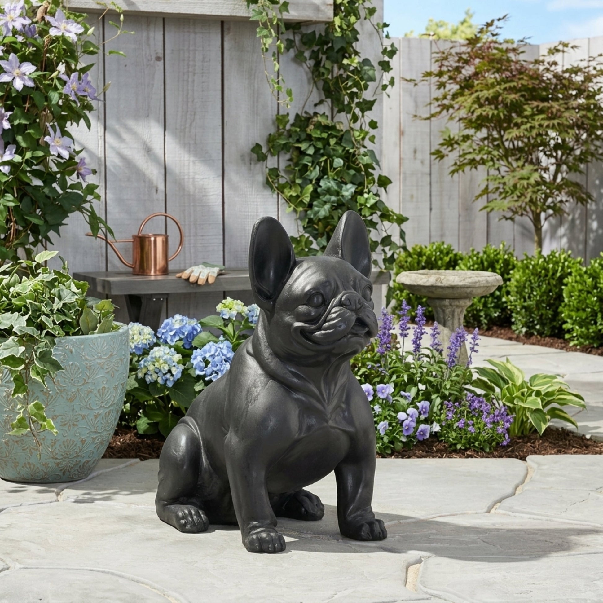 Outdoor French Bulldog garden sculpture by HouseOfZazla in dark gray resin on Tampa Home & Garden Store