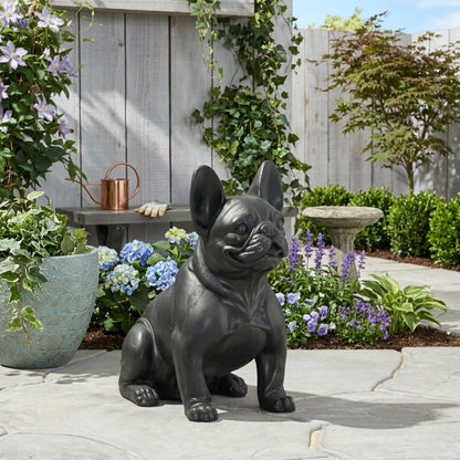 Outdoor French Bulldog garden sculpture by HouseOfZazla in dark gray resin on Tampa Home & Garden Store
