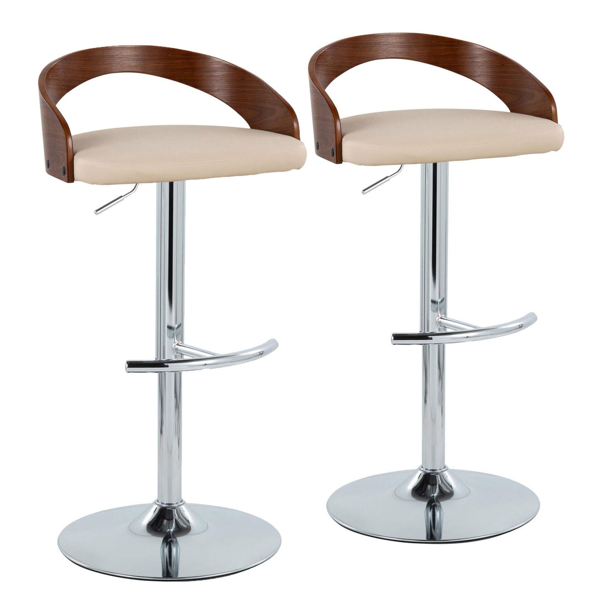 Contemporary adjustable barstool set with beige seats, wood back, chrome bases, 2 stools on Tampa Home & Garden Store