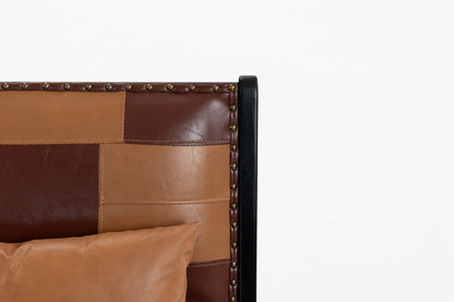 Modern Boho Accent Chair with patchwork brown leather and brass nailhead trim on wood frame on Tampa Home & Garden Store