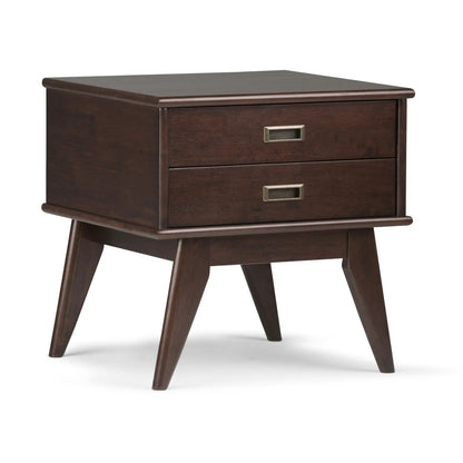 Draper Handcrafted Mid Century End Table in dark walnut with two drawers and brass pulls on Tampa Home & Garden Store