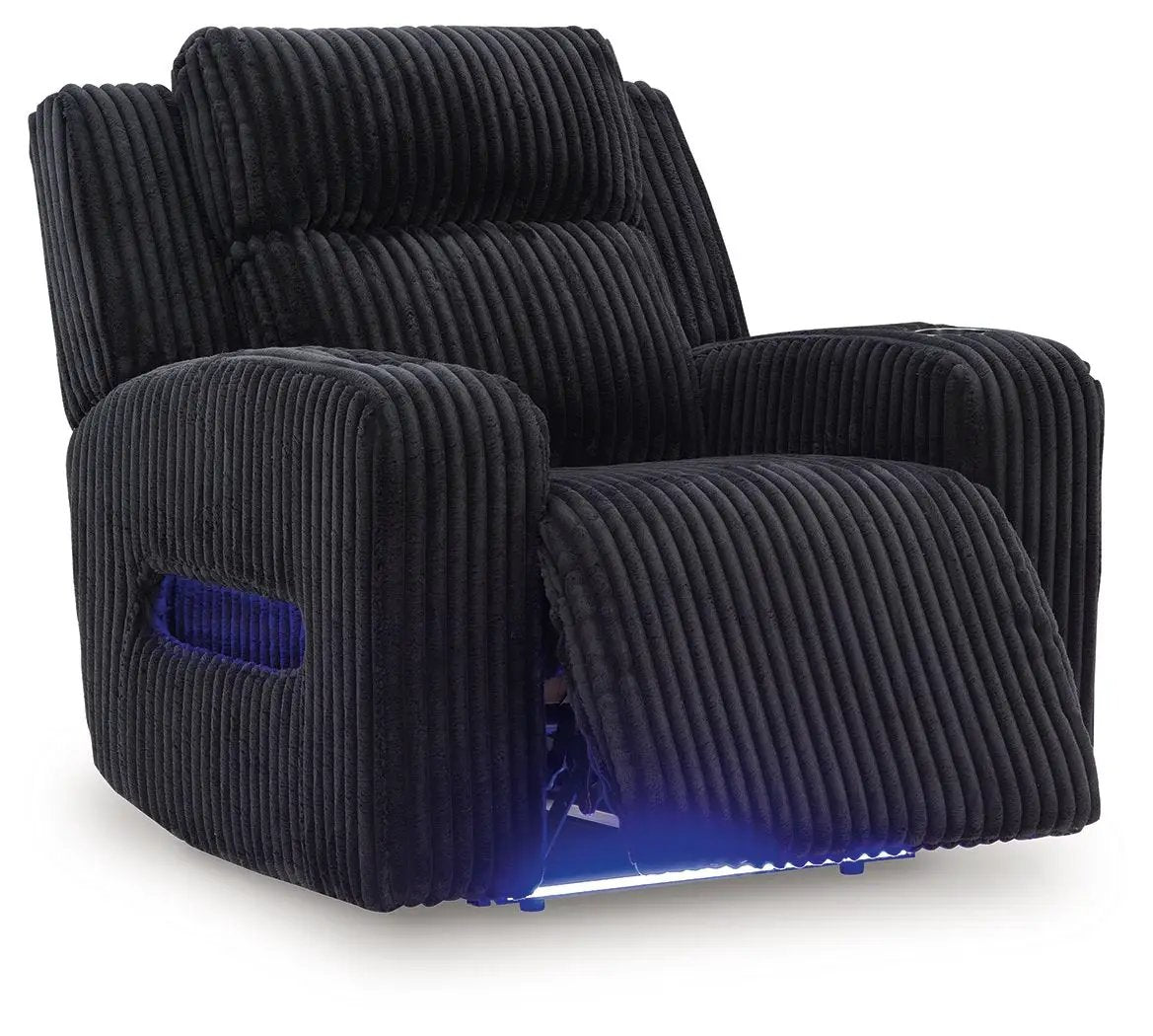 Forest Lake recliner with adj headrest, black corduroy upholstery, blue LED undercarriage on Tampa Home & Garden Store