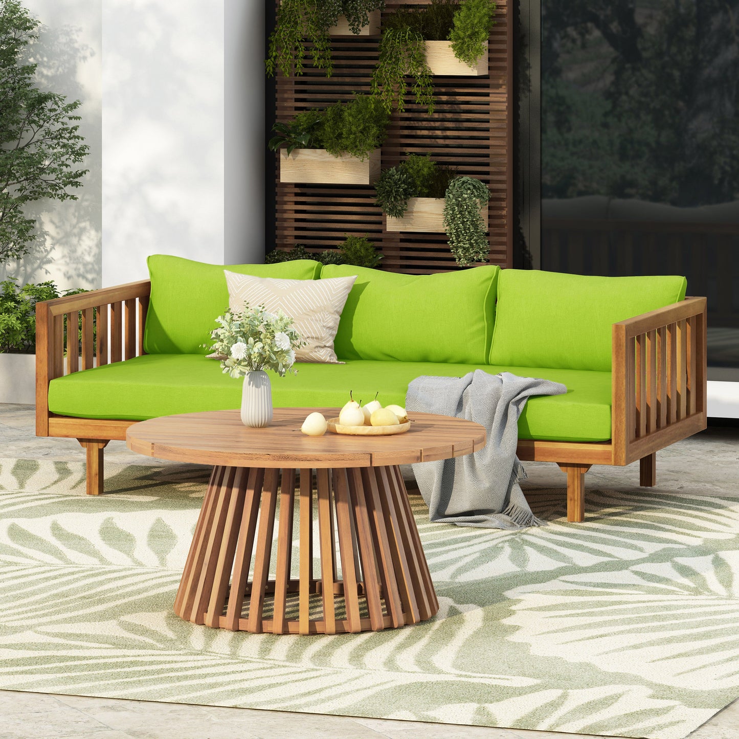 Claremont 3 Seater Daybed + Acacia Wood Table with lime green cushions, outdoor set HouseOfZazla on Tampa Home & Garden Store