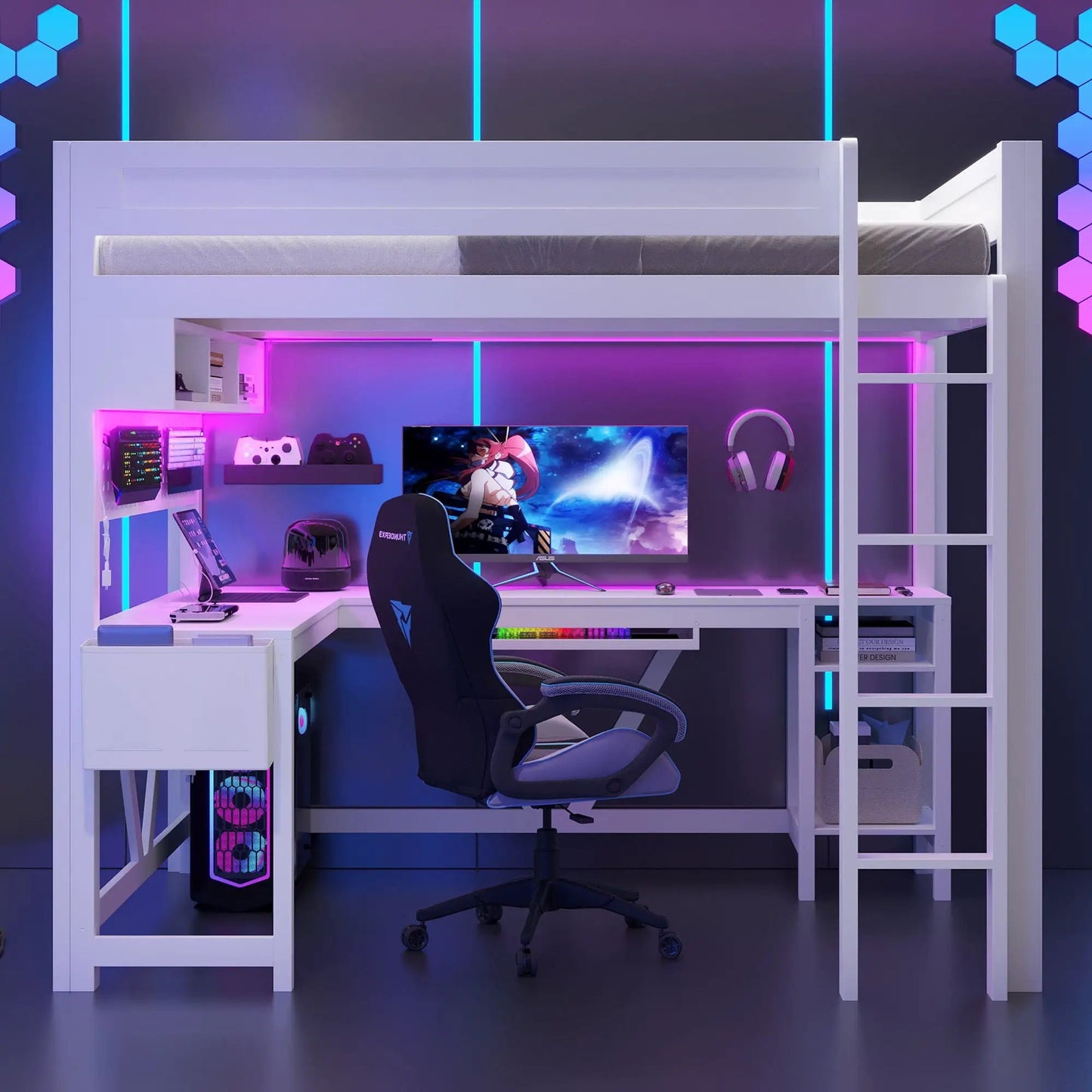 Gaming Loft Bed with Desk and LED Lighting