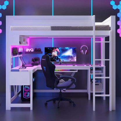 Gaming Loft Bed with Desk and LED Lighting