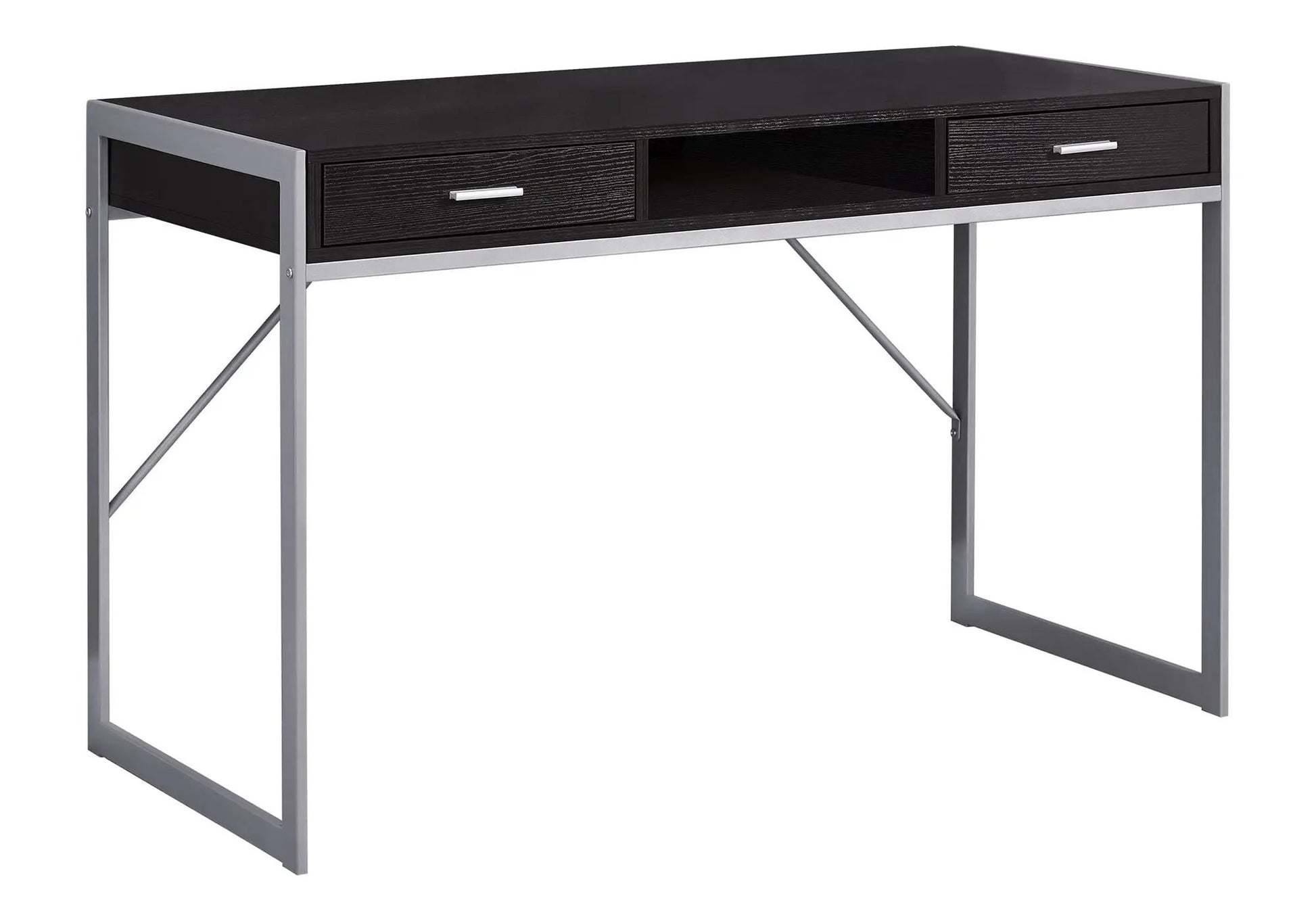 Computer desk with 2 drawers and open shelf, black top and silver frame by Unique Piece Furniture on Tampa Home & Garden Store