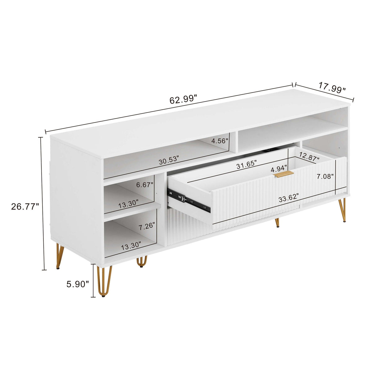 Fluted TV stand with storage drawers and gold-tone metal legs in white finish on Tampa Home & Garden Store