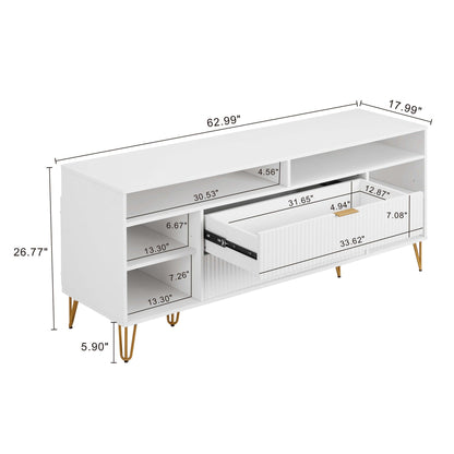 Fluted TV stand with storage drawers and gold-tone metal legs in white finish on Tampa Home & Garden Store