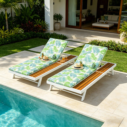 White Iron and Teak Outdoor Chaise Lounge Set