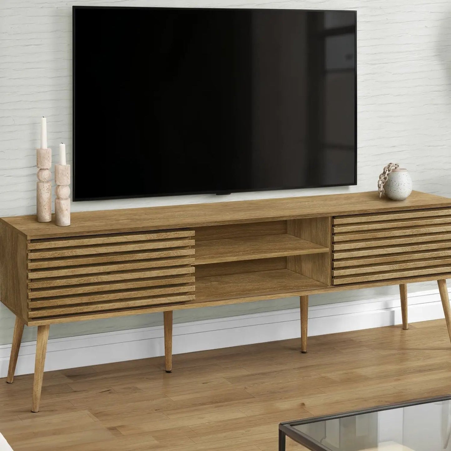 72 inch walnut TV stand with slatted cabinet doors and open central shelf media console on Tampa Home & Garden Store