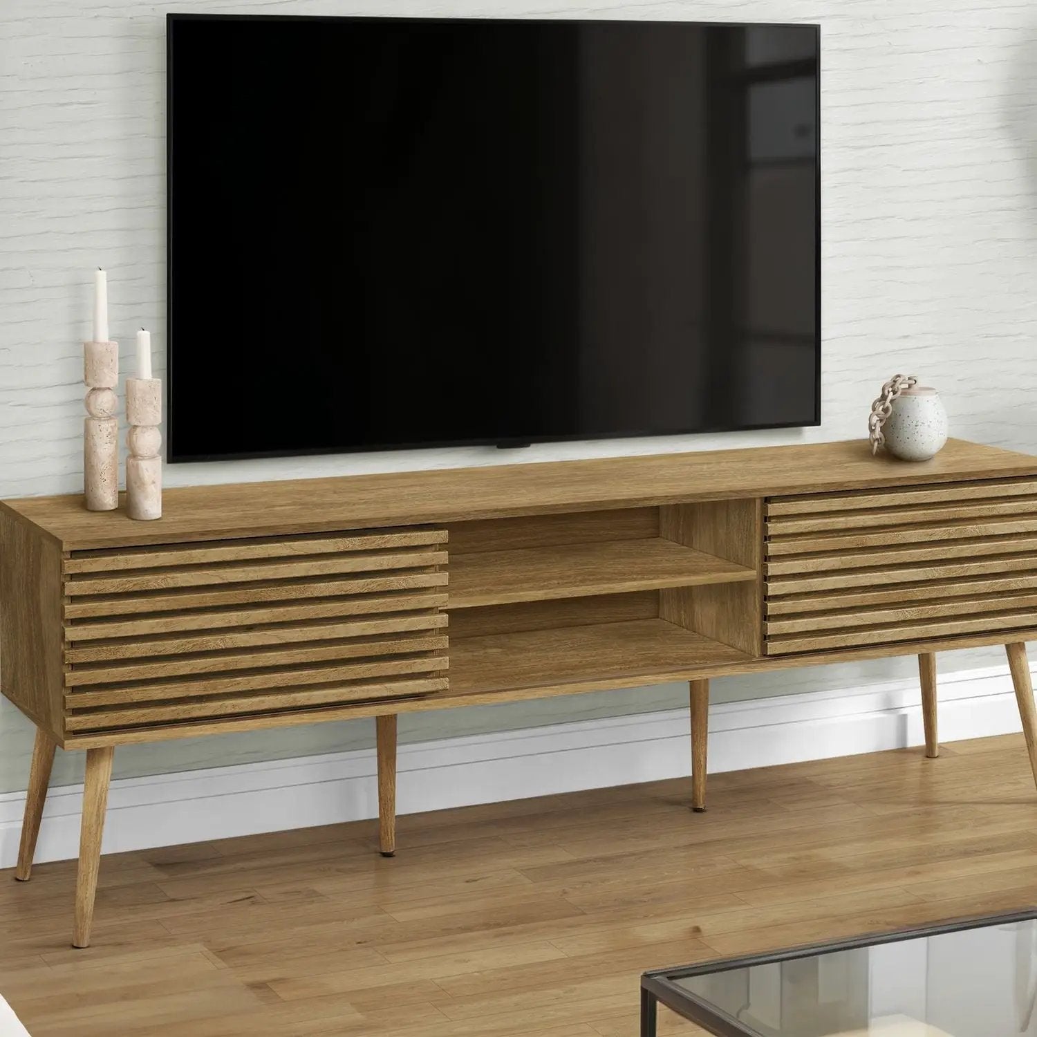 72 inch walnut TV stand with slatted cabinet doors and open central shelf media console on Tampa Home & Garden Store