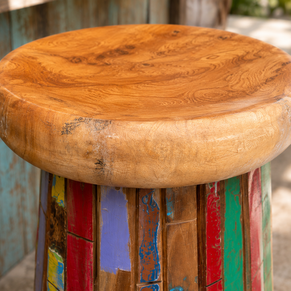 Reclaimed Boat Wood Bar Stool handmade in Bali with round caramel top and colorful base on Tampa Home & Garden Store