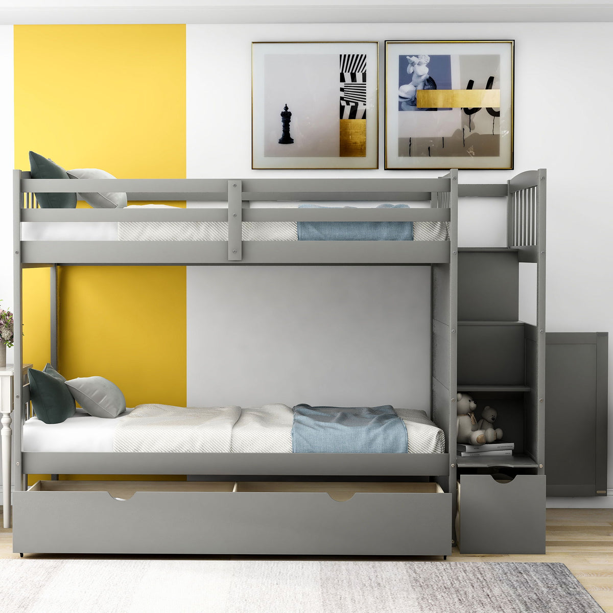 Bunk bed with gray metal frame, convertible bottom bed and under-bed storage drawer; yellow wall on Tampa Home & Garden Store